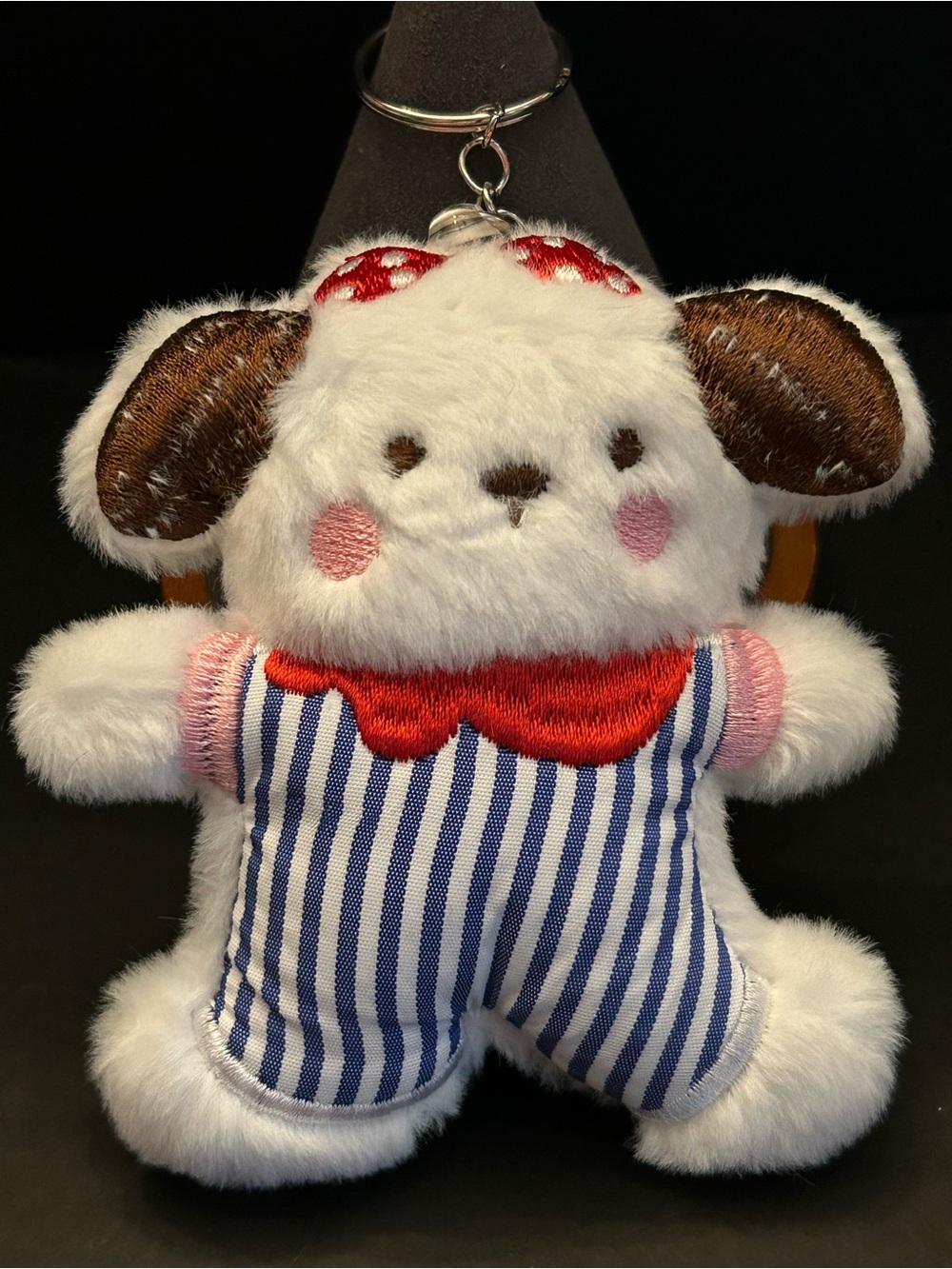 PREMIUM Plush Dog 🐶 Keychain with Blue Striped Overalls and Red Collar NEW